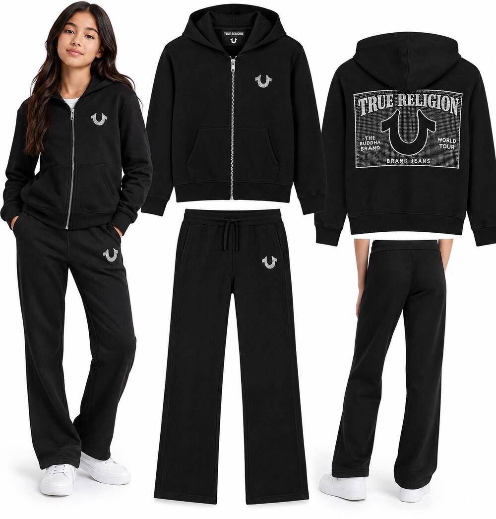 NWT True Religion Girls Crystal Rhinestone Tracksuit Set Black XL